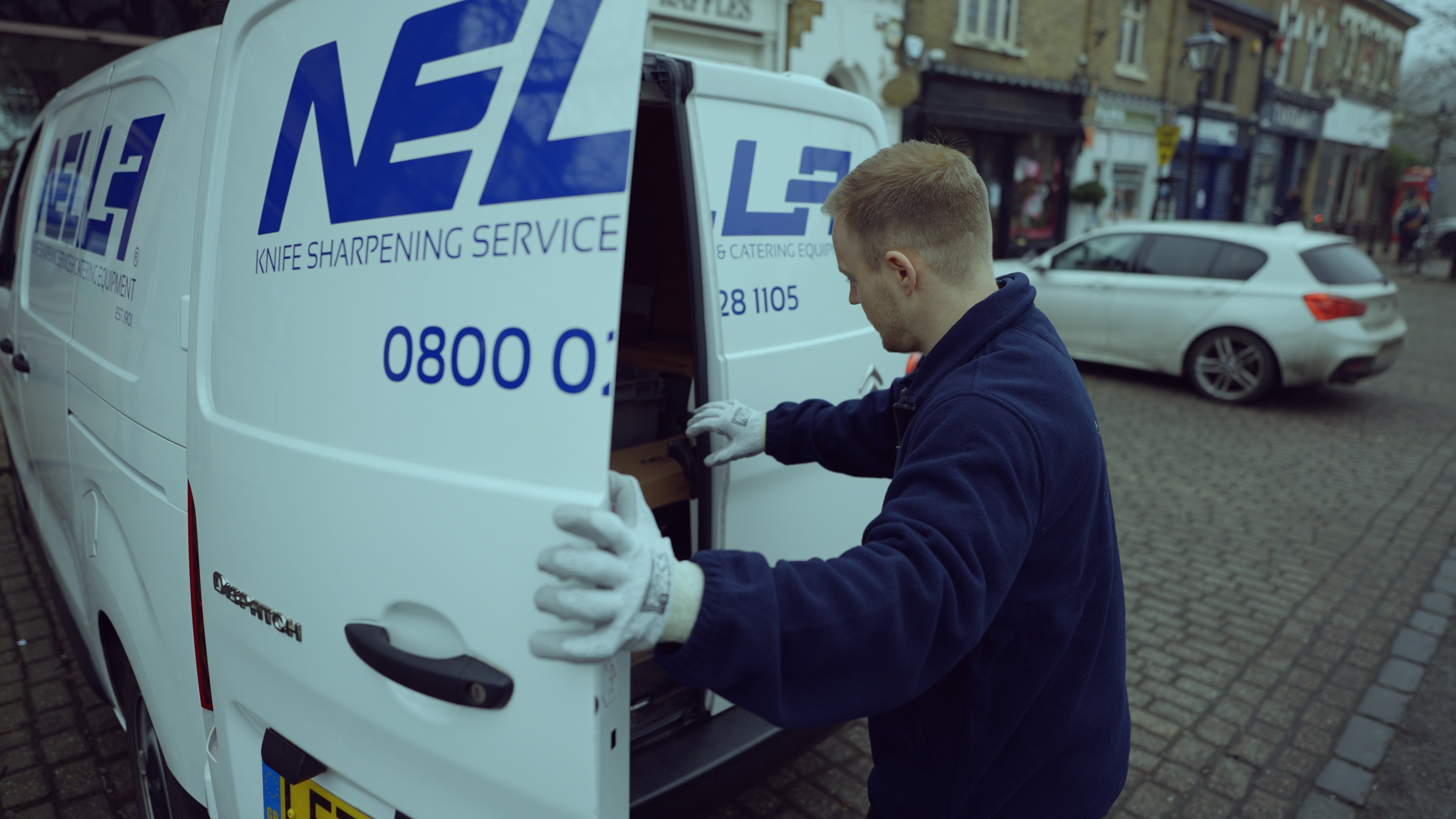 Nella driver delivering freshly sharpened knives to a UK commercial kitchen