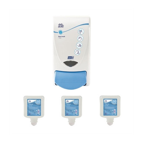 Deb Clear Foam Soap Dispenser and 3 Unperfumed Foam Hand Soaps 1Ltr