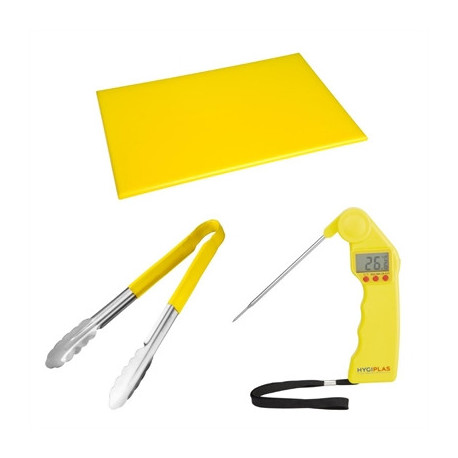 Hygiplas Colour Coded 3-Piece Yellow Tong, Chopping Board & Thermometer Set
