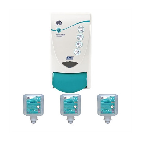 Deb Antibac Soap Dispenser and 3 Unperfumed Antibacterial Foam Hand Soaps 1Ltr